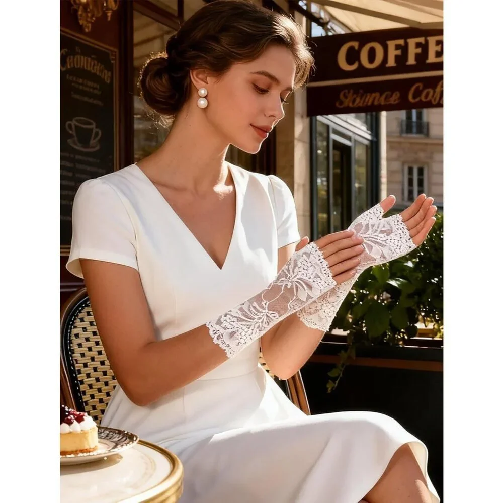 Women Evening Fingerless Short Wrist White Lace Gloves Party Prom Cosplay
